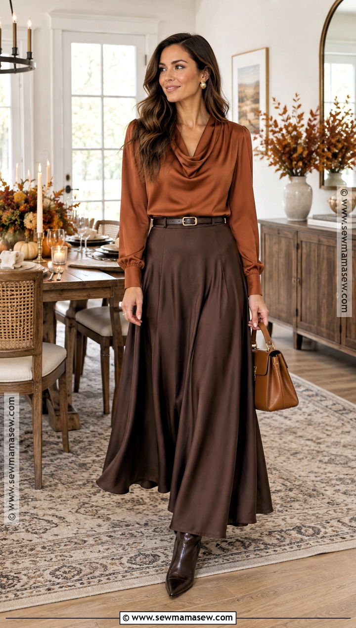 Rust Blouse And Espresso Maxi Skirt Thanksgiving Outfit - 20 Thanksgiving Outfit Classy Ideas