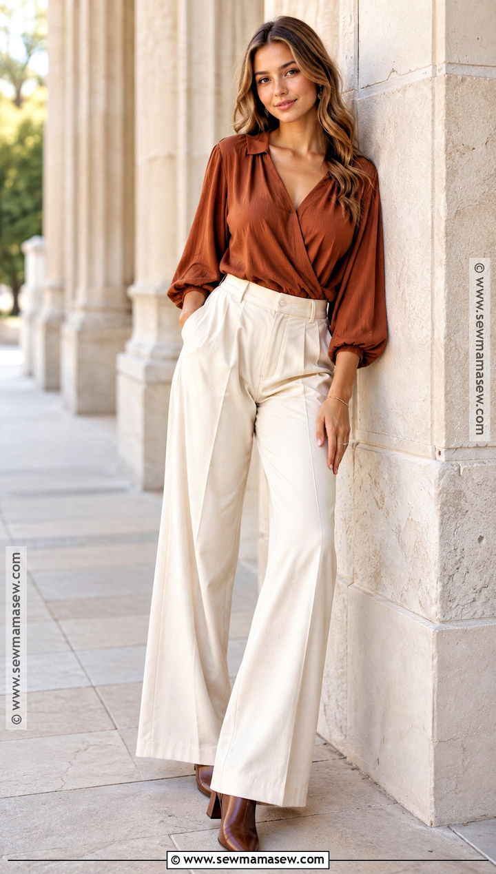 Rust Blouse and Wide Leg Pants Senior Picture Outfit - 20 Fall Senior Picture Outfits