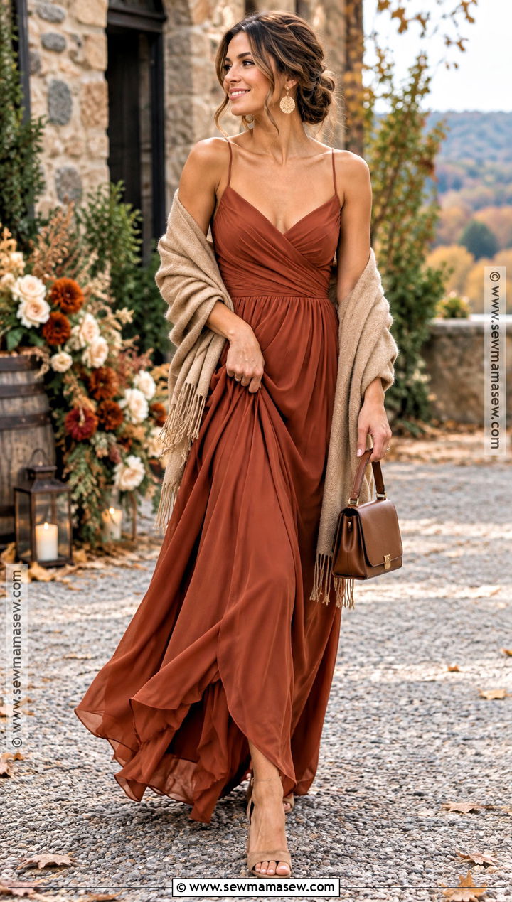 Rust Bridesmaid Dress With Camel Cashmere Shawl - 15 wedding shawls and wraps fall bridal party ideas