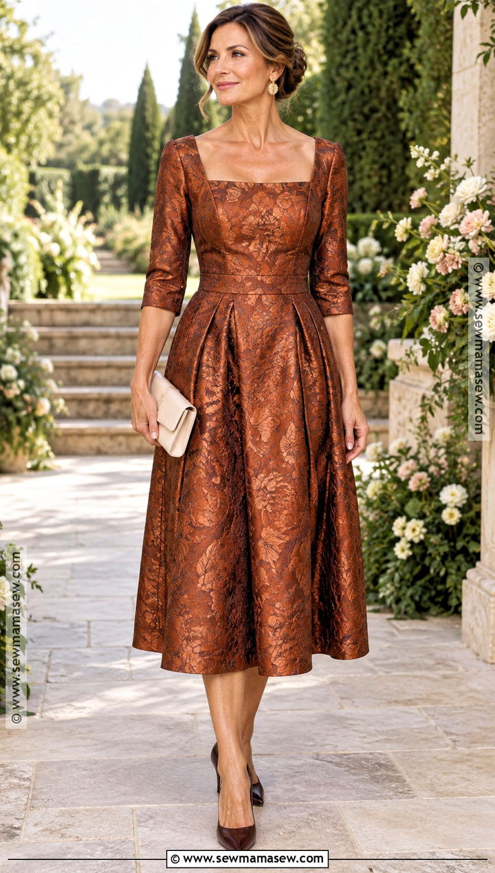Rust Brocade Fall Mother of the Bride Midi Dress - 20 fall mother of the bride dresses classy