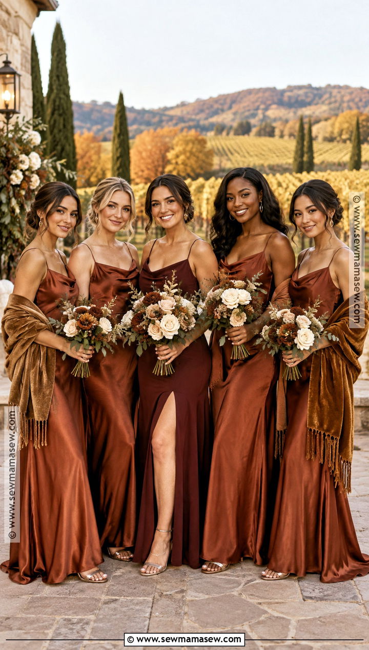 Rust Burgundy And Caramel Bridesmaid Dresses - 15 October Wedding Colors Schemes Bridesmaid Dress Ideas
