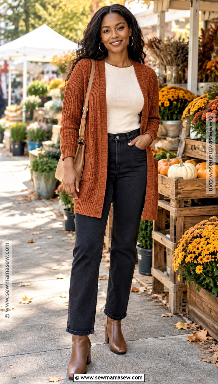 Rust Cardigan And Black Jeans Fall Outfit - 30 fall outfits for black women