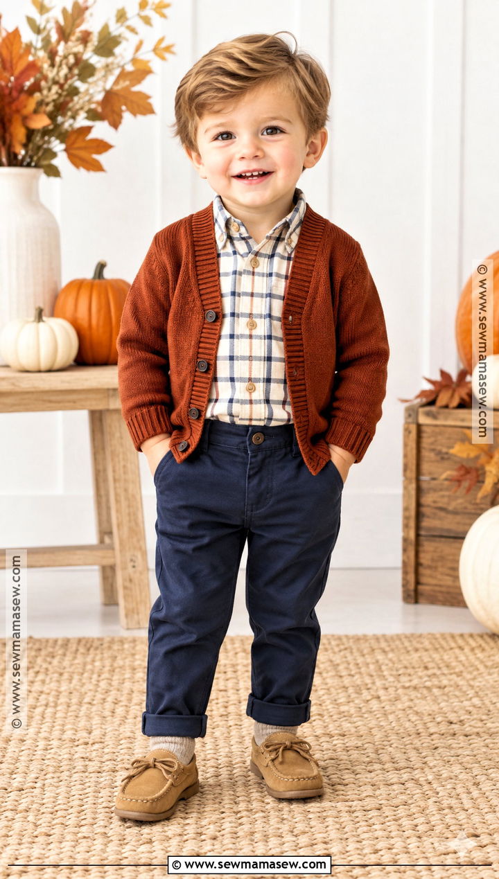 Rust Cardigan And Checked Shirt Thanksgiving Outfit - 20 toddler boy thanksgiving outfit ideas