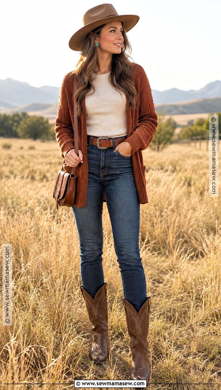 Rust Cardigan And Dark Denim Western Fall Outfit - 15 western fall photoshoot outfits
