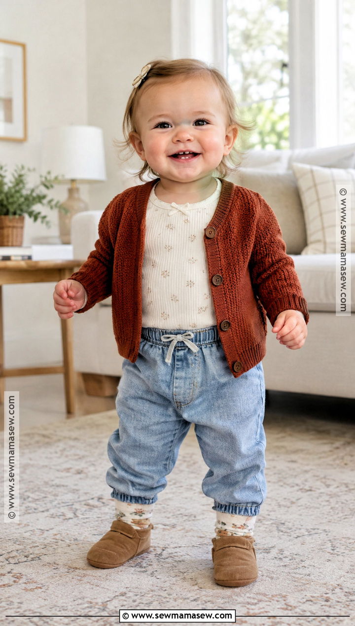 Rust Cardigan And Denim Pants Baby Fall Outfit - 25 baby fall outfits