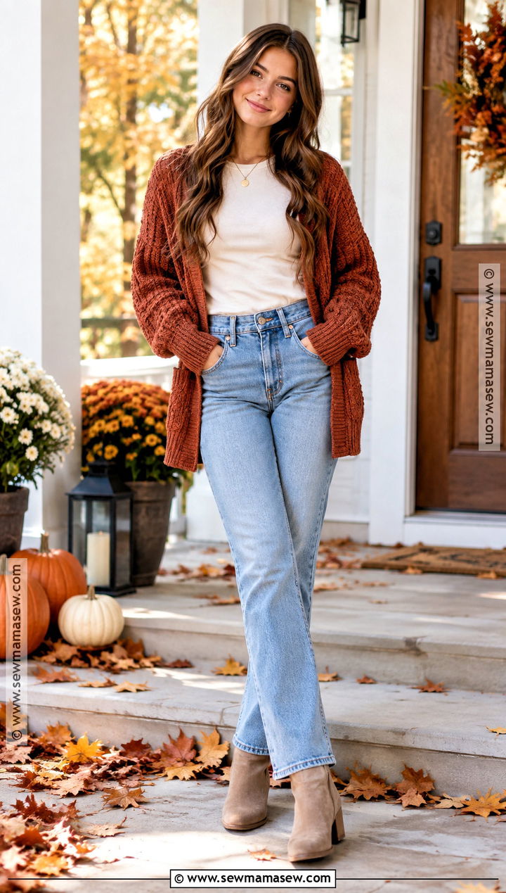 Rust Cardigan And Light Wash Jeans Fall Senior Pictures Outfit - 25 fall senior pictures outfits