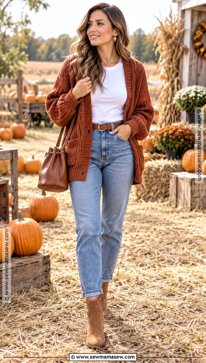Rust Cardigan And Mom Jeans Pumpkin Patch Look - 15 pumpkin patch looks