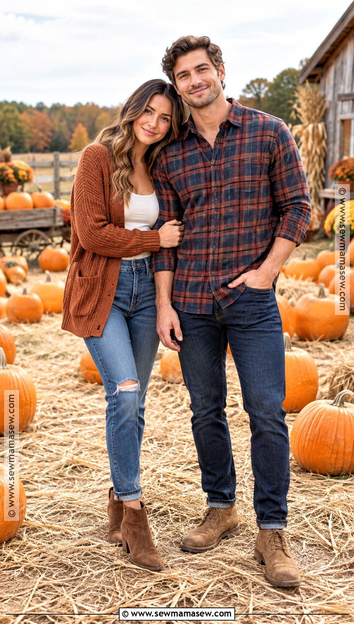 Rust Cardigan And Plaid Shirt Fall Couple Outfit - 20 fall pictures for couples outfits