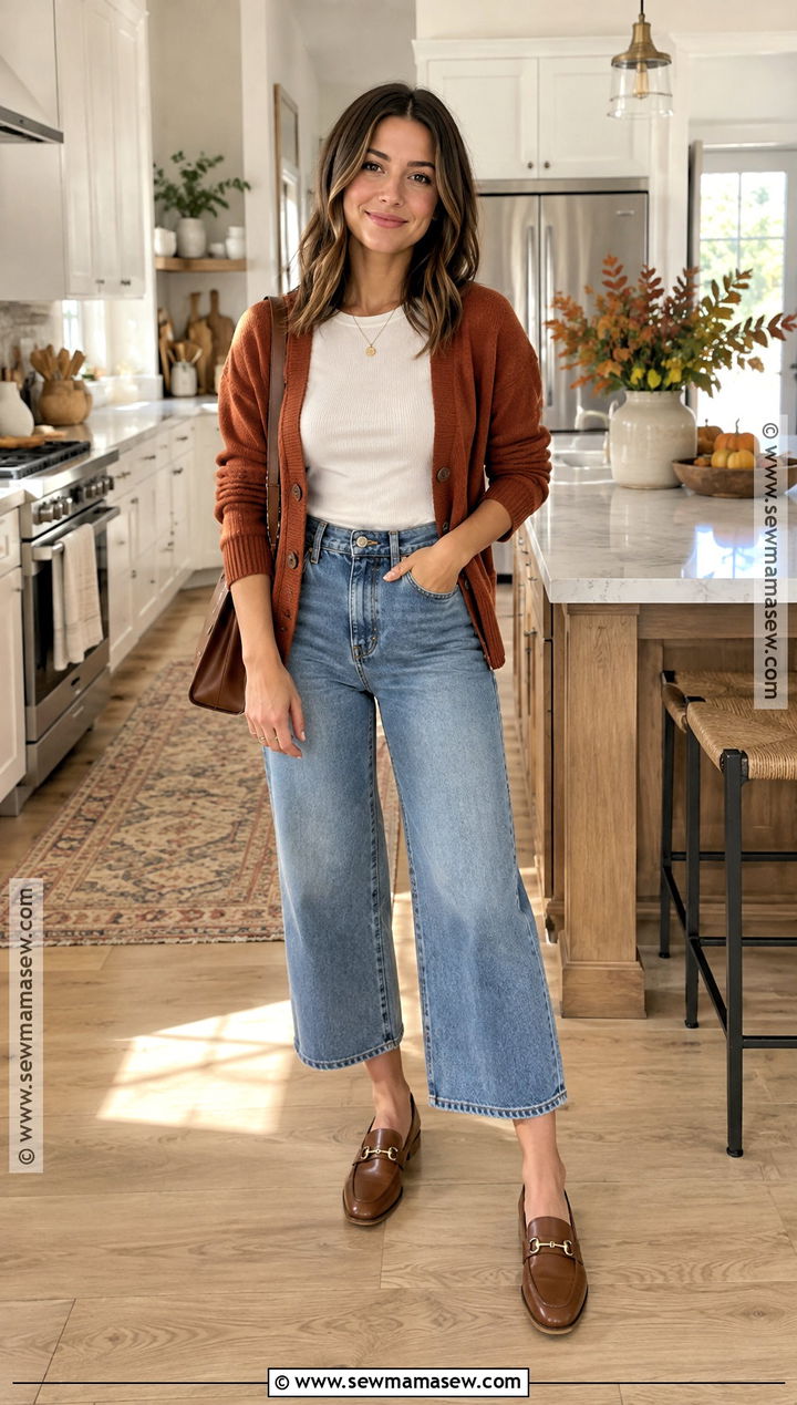 Rust Cardigan Thanksgiving Outfit With Wide Leg Jeans - 25 Thanksgiving Dinner Outfit Women Casual Ideas