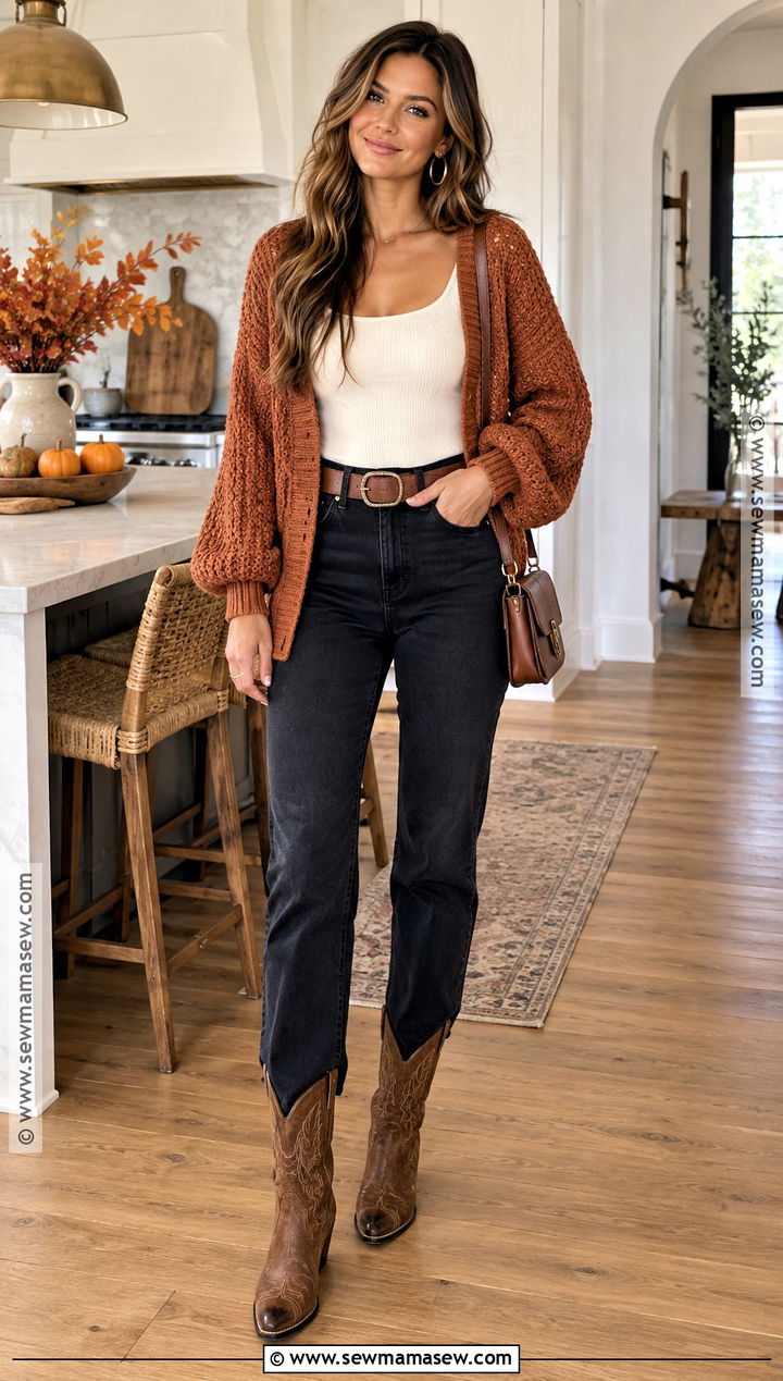 Rust Cardigan With Black Jeans And Cowgirl Boots - 15 cowgirl boots thanksgiving outfit