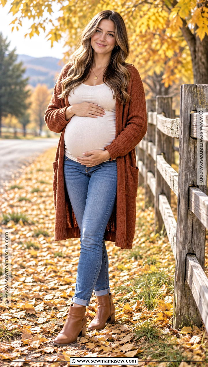 Rust Cardigan With Maternity Jeans - 15 fall maternity photos jeans