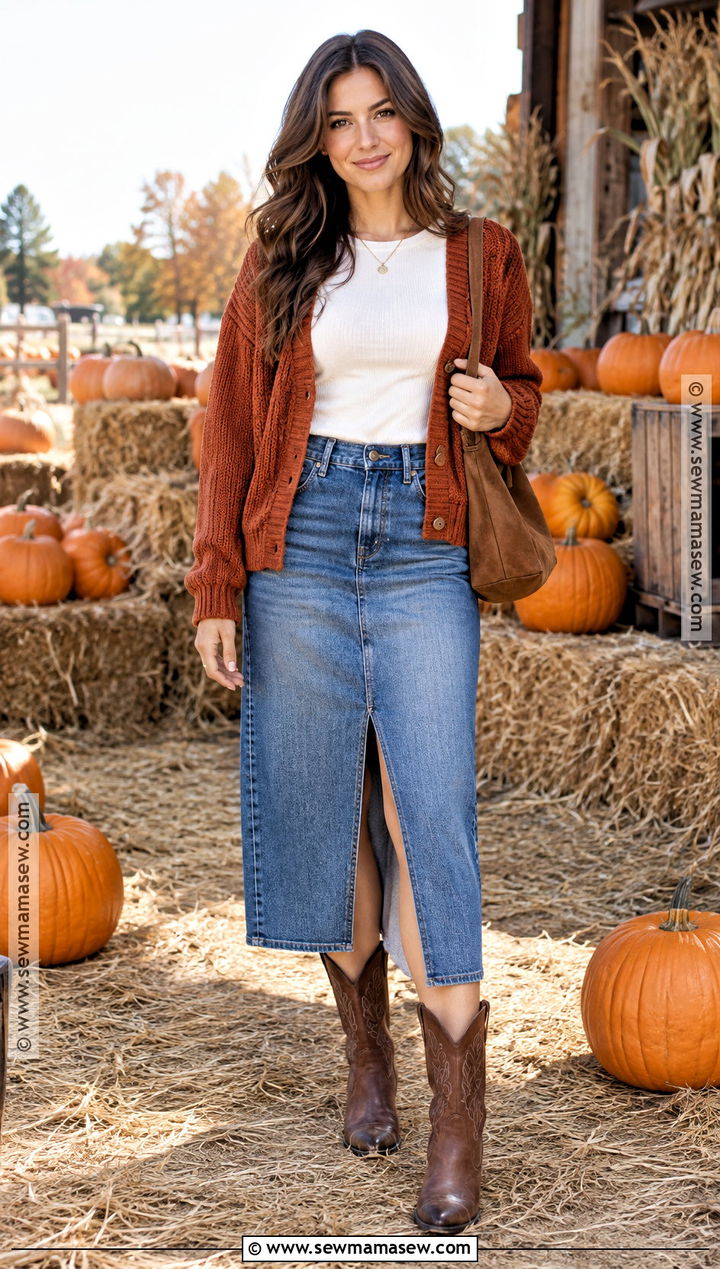 Rust Cardigan and Denim Skirt Pumpkin Patch Fit - 25 pumpkin patch fits