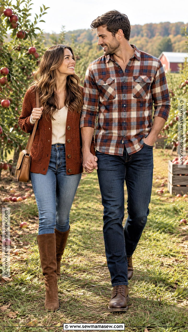 Rust Cardigan and Flannel Couple Outfit - 15 Fall Couple Photos Outfits Casual