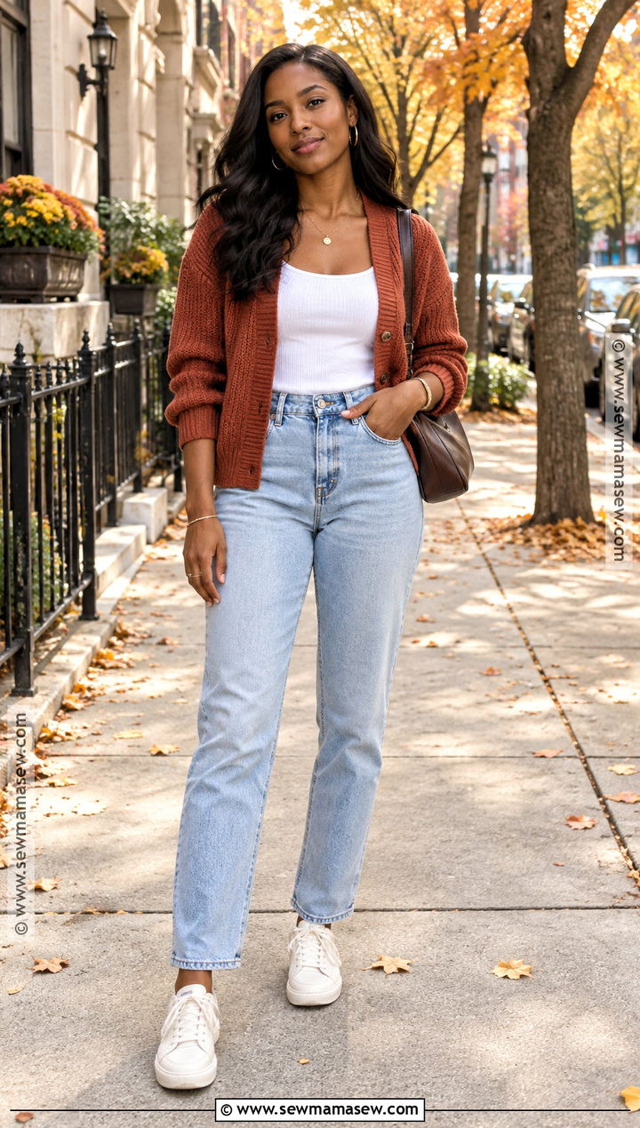 Rust Cardigan and Mom Jeans Fall Outfit - 25 casual fall outfits for black women