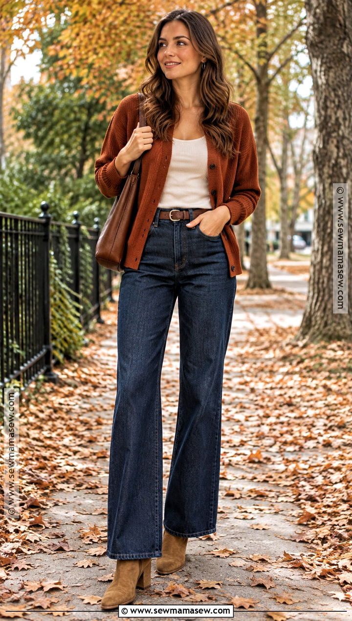 Rust Cardigan and Wide Leg Jeans Photo Shoot Outfit - 15 November Photo Shoot Outfits