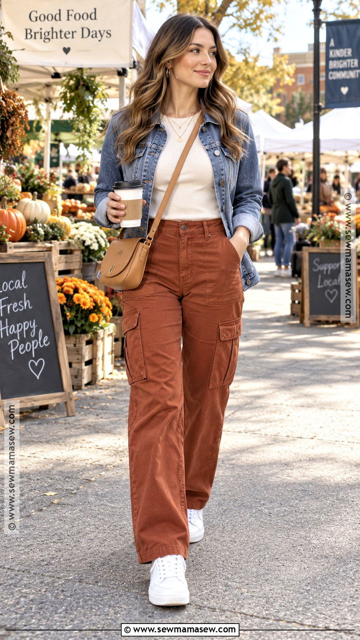 Rust Cargo Pants With Denim Jacket And White Sneakers - 20 fall cargo pants outfit for women