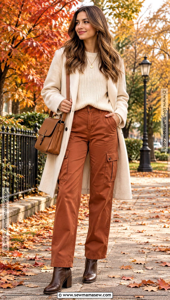 Rust Cargo Pants With Neutral Sweater And Ankle Boots - 15 Fall Cargo Pants