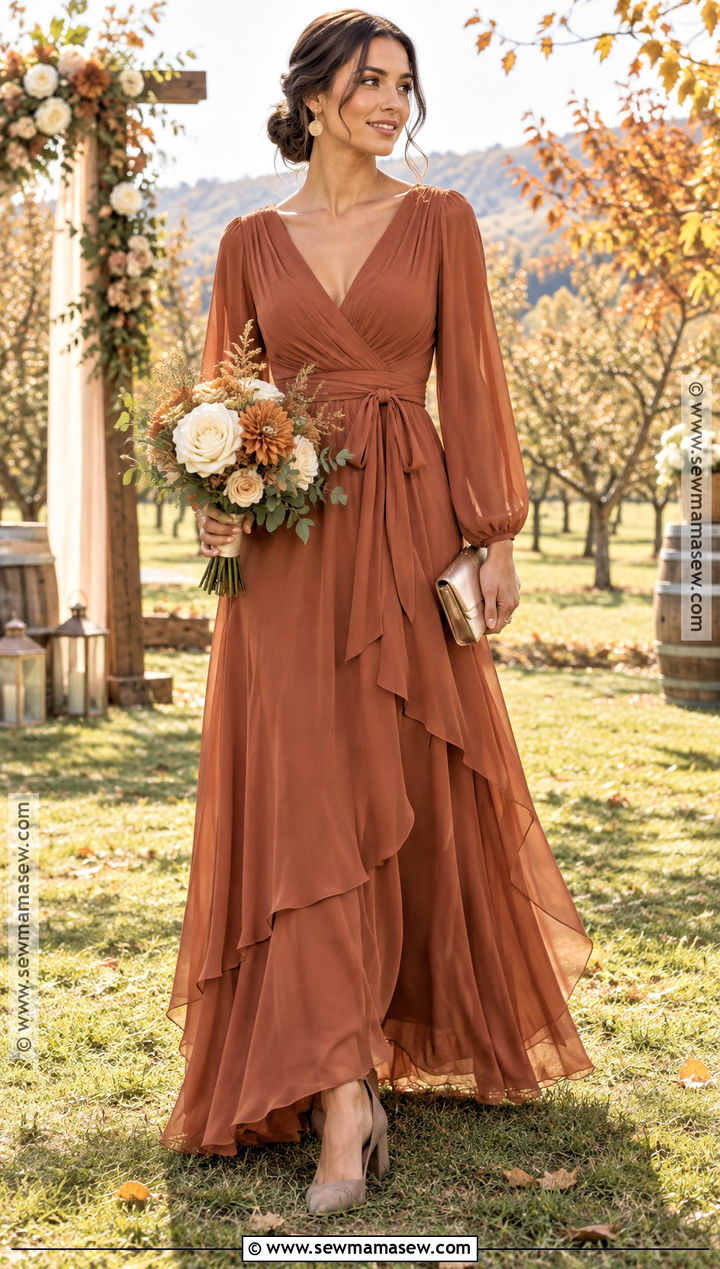 Rust Chiffon Bridesmaid Dress With Long Sleeves - 15 Fall Themed Bridesmaid Dresses