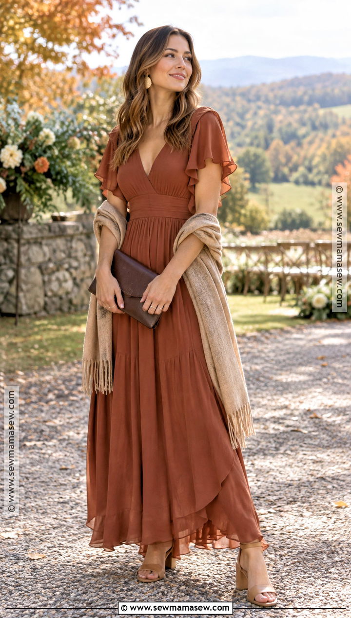Rust Chiffon Maxi Dress Outfit - 15 dresses for fall wedding