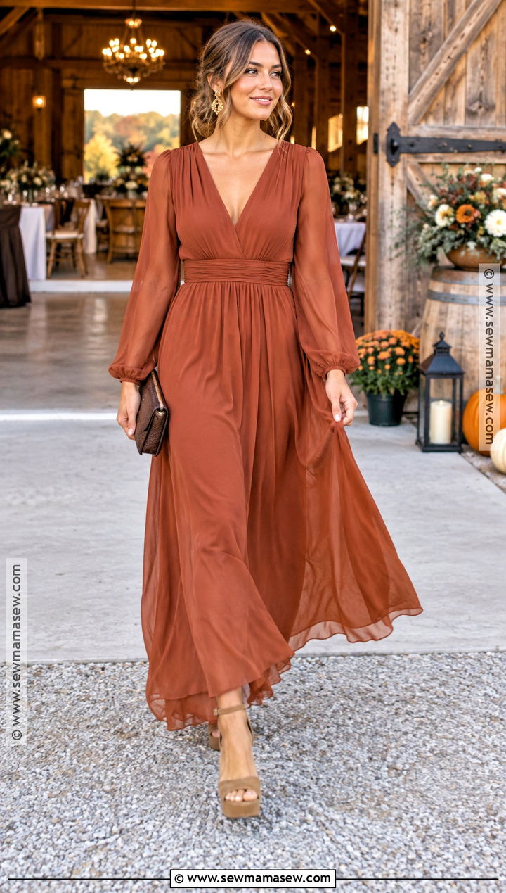 Rust Chiffon Maxi Fall Barn Wedding Guest Dress - 20 fall barn wedding guest dress ideas
