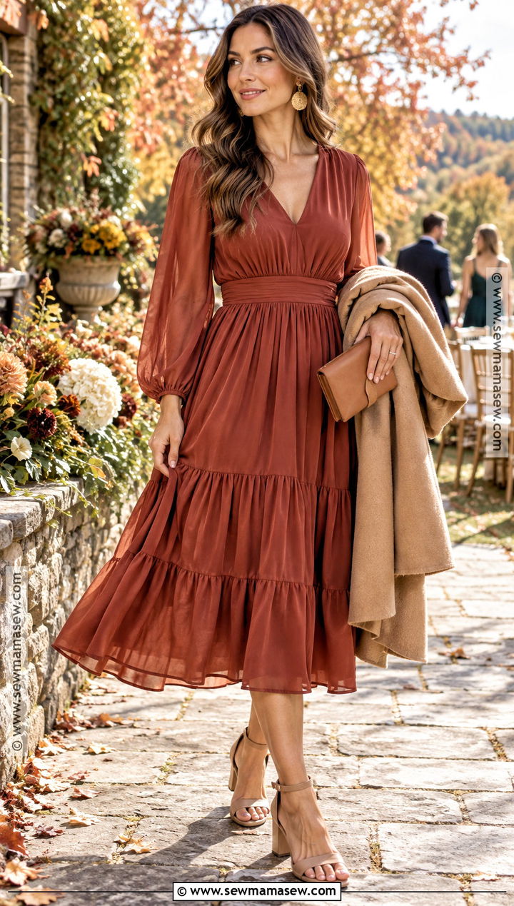 Rust Chiffon Midi Dress - 15 fall wedding different color dresses