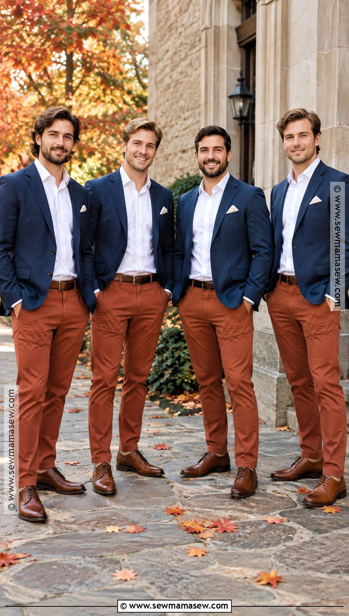 Rust Chinos and Navy Blazer Groomsmen Attire - 15 groomsmen attire casual fall ideas