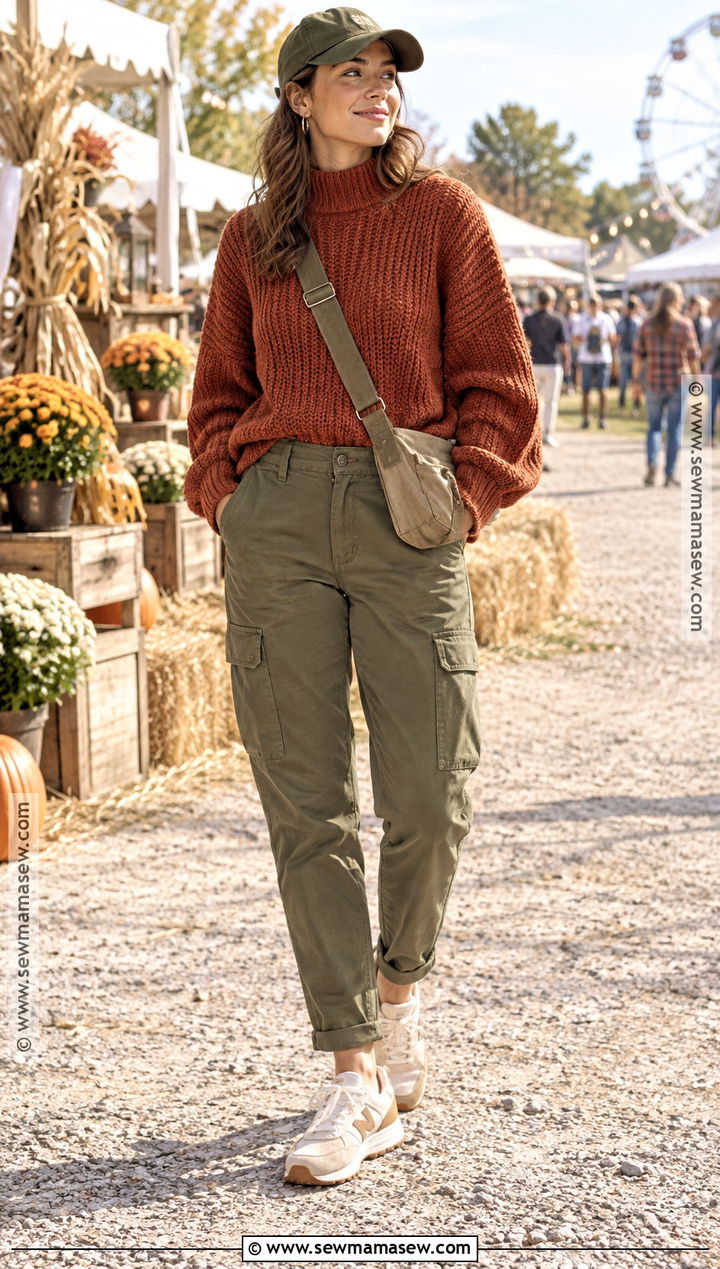Rust Chunky Knit Sweater With Cargo Pants And Sneakers - 15 Chunky Knit Sweater Fall Ideas