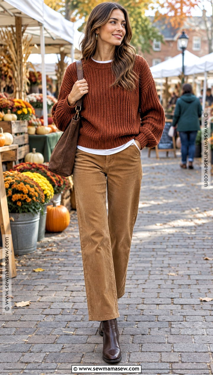 Rust Chunky Sweater With Corduroy Pants - 15 Chunky Sweater Aesthetic Fall Ideas