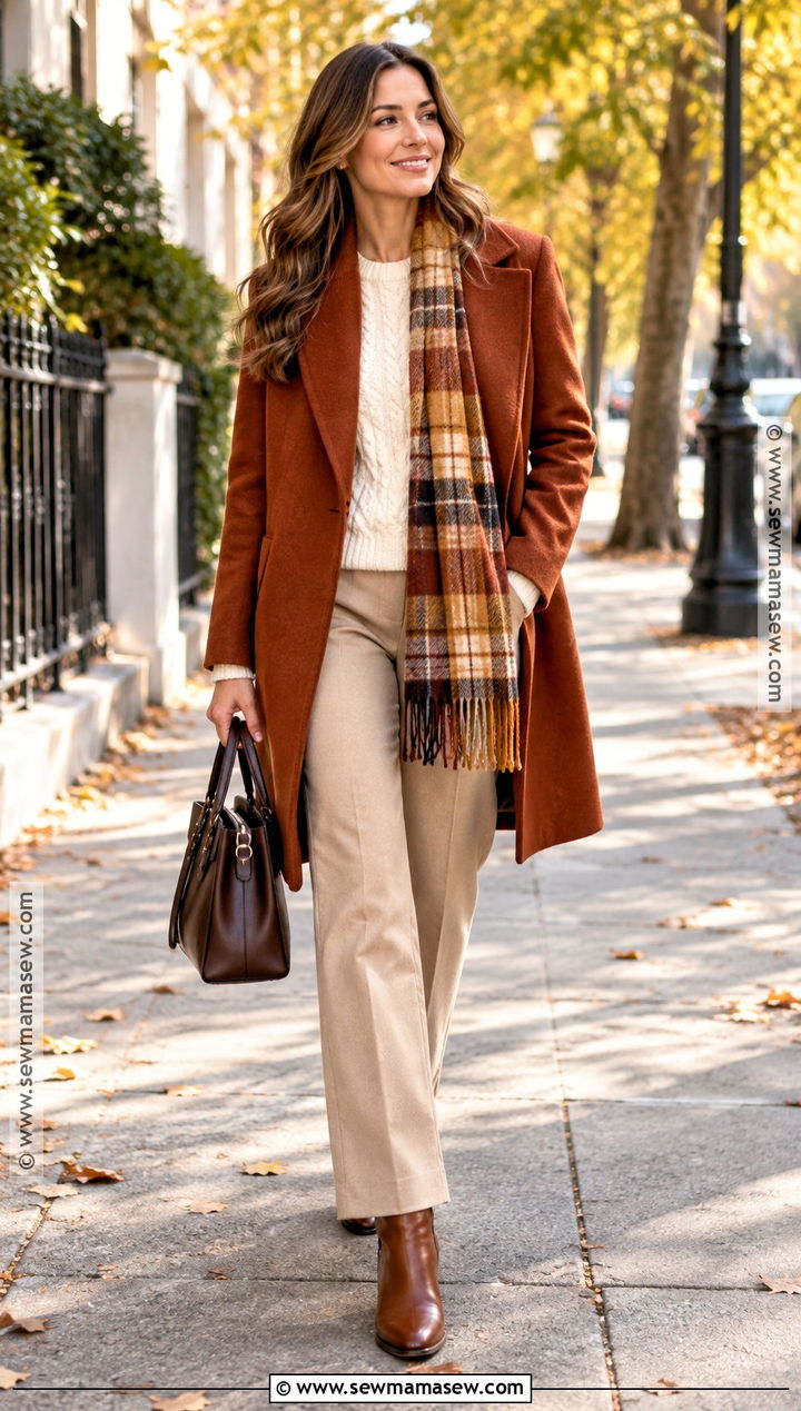 Rust Coat And Cream Knit Autumn Outfit - 30 warm autumn outfits