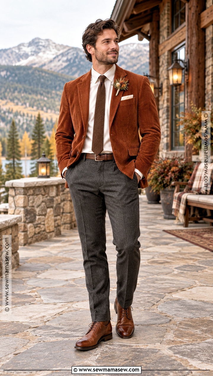 Rust Corduroy Blazer Groom Outfit - 15 casual groom attire fall ideas