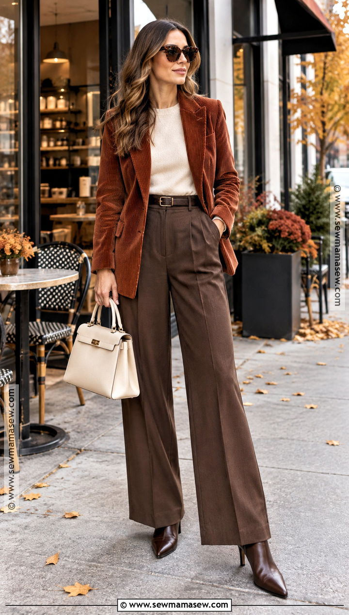 Rust Corduroy Blazer With Wide Leg Trousers - 15 Corduroy Blazer Fall Fashion Ideas