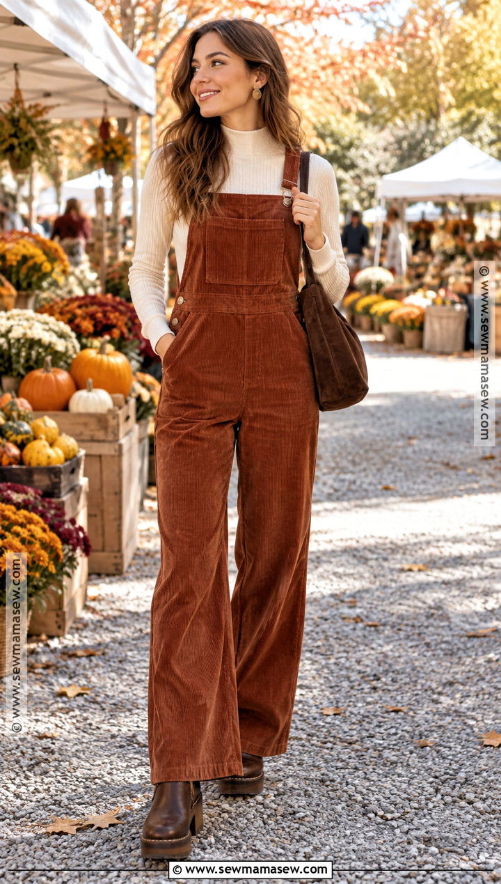 Rust Corduroy Coverall With Mock Neck Top And Clogs - 15 fall coverall outfit ideas