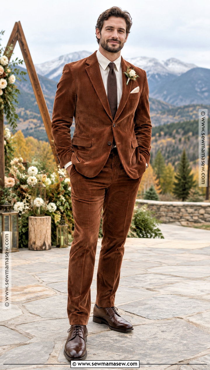 Rust Corduroy Fall Groom Suit - 15 fall groom outfit ideas