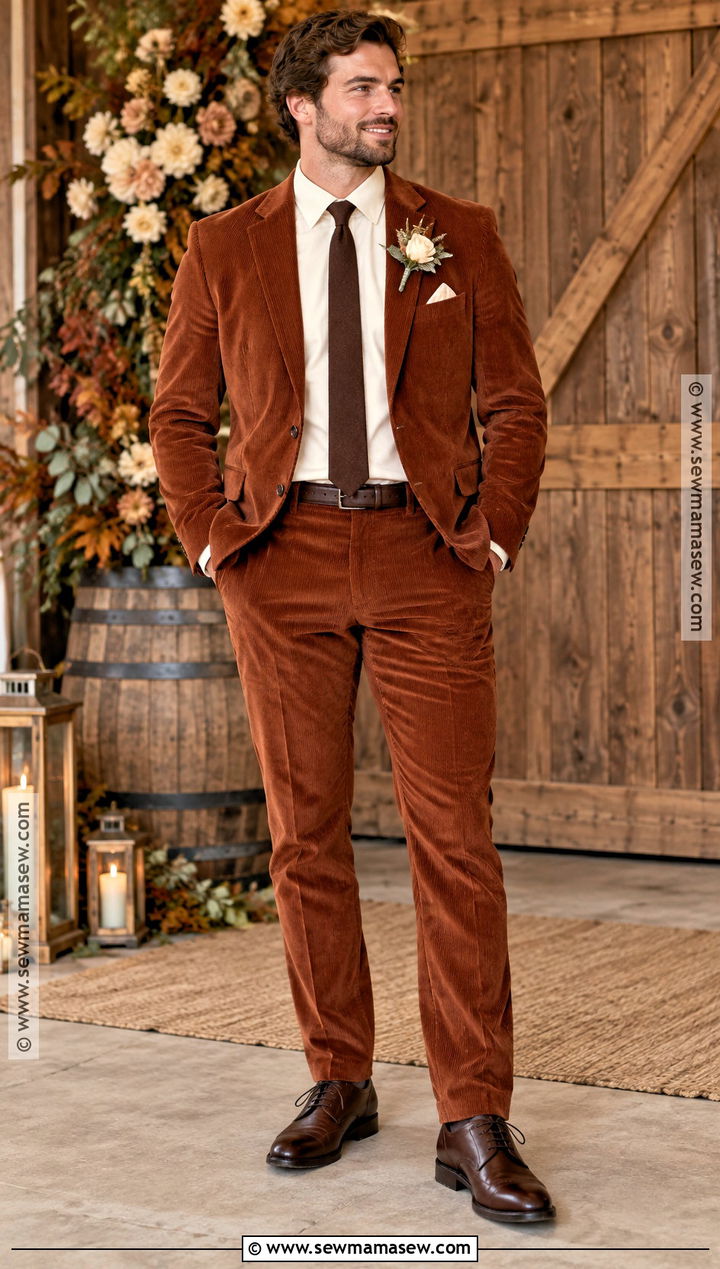 Rust Corduroy Groom Suit - 15 fall wedding attire for groom ideas