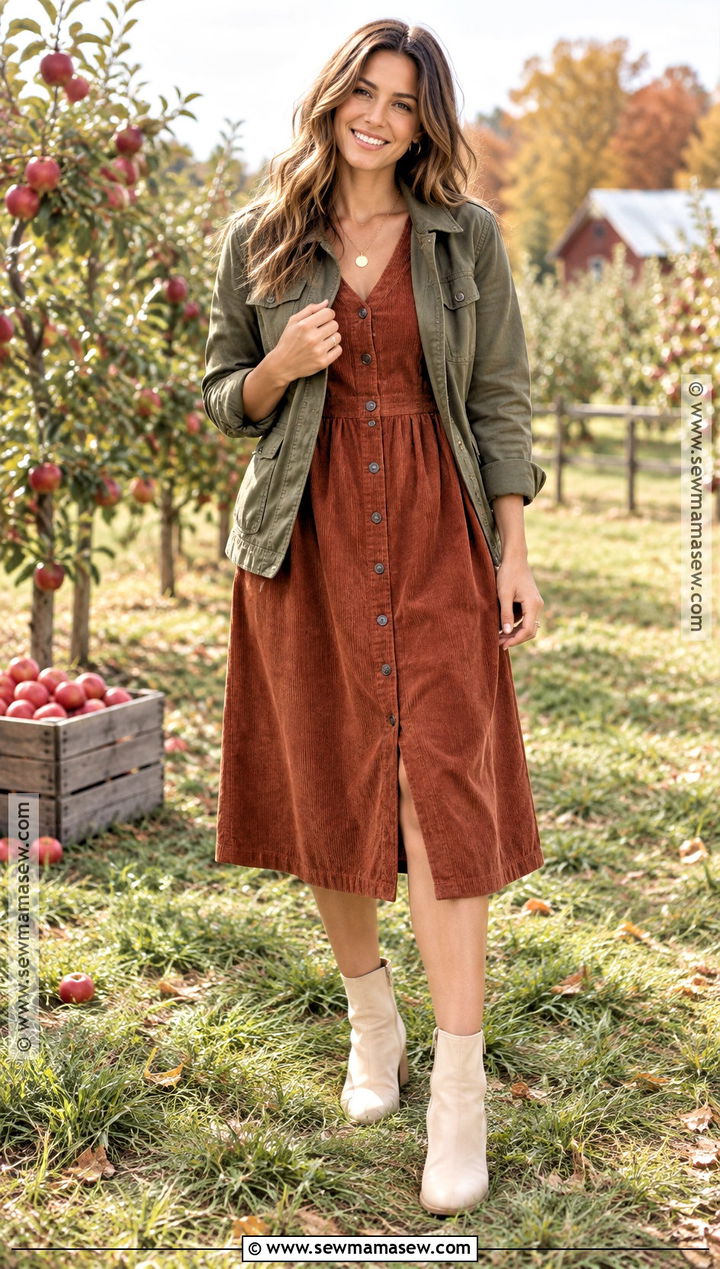 Rust Corduroy Midi Dress Outfit - 20 fall dresses for family pictures