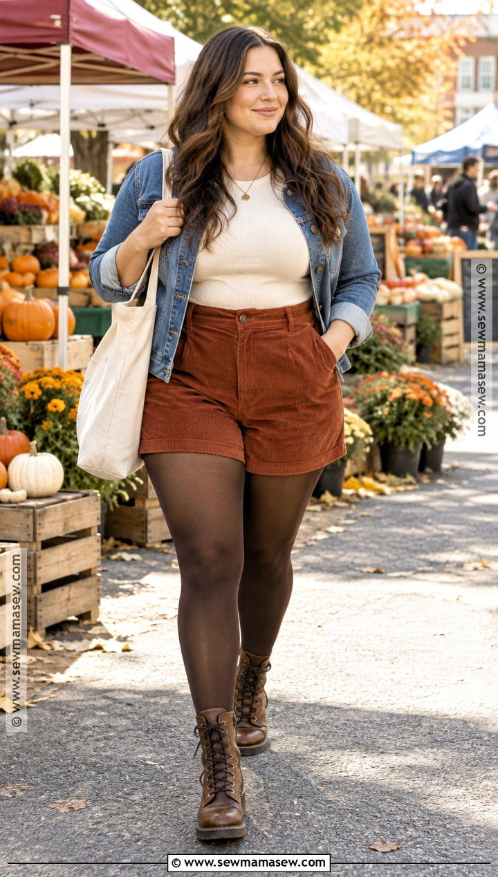 Rust Corduroy Shorts With Denim Jacket - 15 corduroy shorts outfit fall ideas