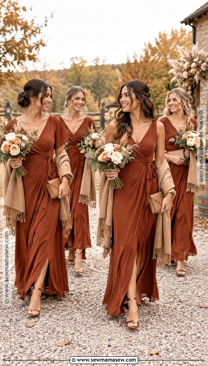 Rust Crepe Fall Bridal Party Outfit - 20 fall bridal party attire ideas