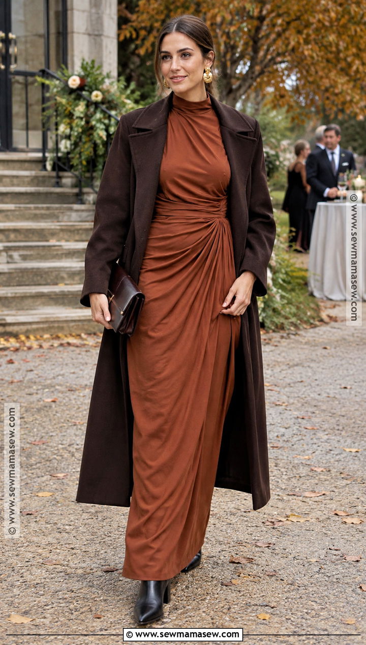 Rust Draped Fall Wedding Guest Dress - 15 fall wedding guest dress edgy ideas