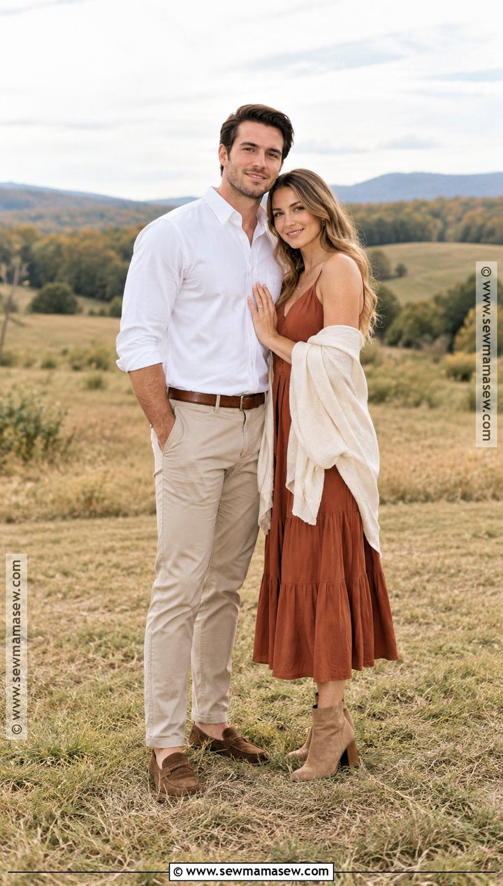 Rust Dress And Beige Chinos September Couple Outfit - 15 september couple photoshoot outfits