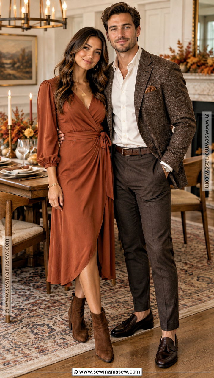 Rust Dress And Brown Blazer Thanksgiving Outfit - 20 Thanksgiving Outfit Ideas for Couples