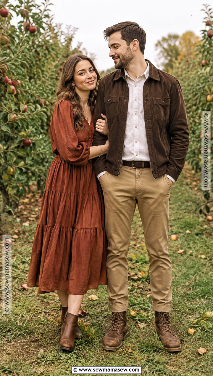 Rust Dress And Brown Jacket Couples Fall Photoshoot Outfit - 25 couples fall photoshoot outfits