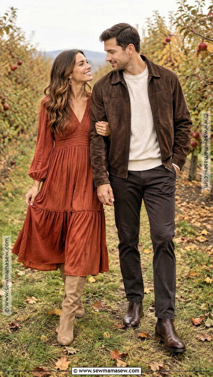 Rust Dress And Brown Jacket Fall Couples Outfit - 15 fall couples pics outfits