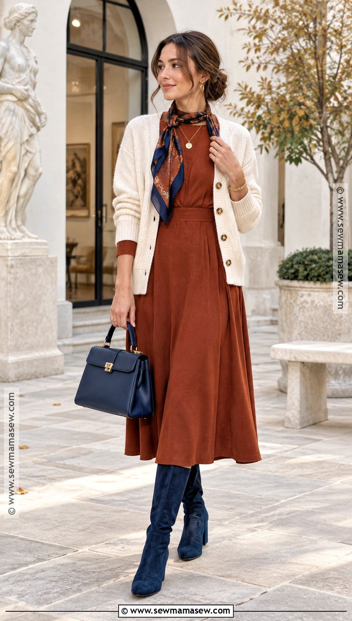 Rust Dress And Cobalt Boots Outfit - 15 Colorful Autumn Clothing Ideas