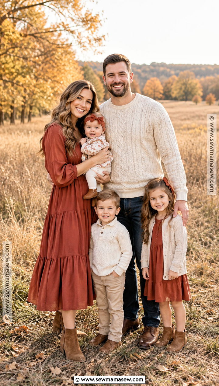 Rust Dress And Cream Sweater Family Outfit - 15 fall family pictures outfits rust color