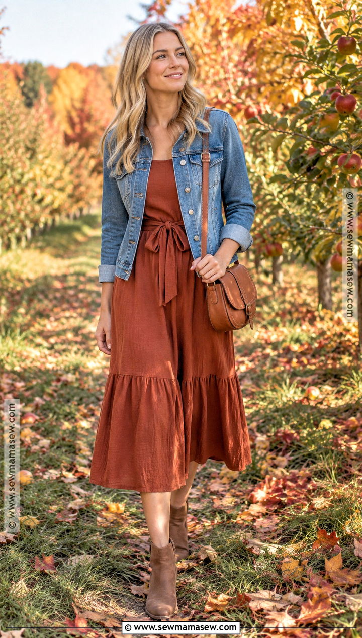 Rust Dress And Denim Jacket Outfit - 20 blonde fall outfit ideas