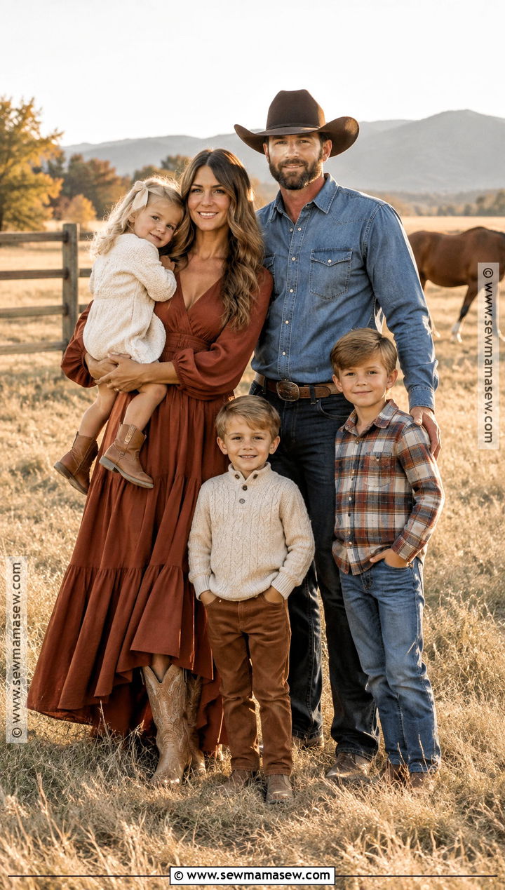 Rust Dress And Denim Western Family Outfit - 20 fall family pictures outfits western