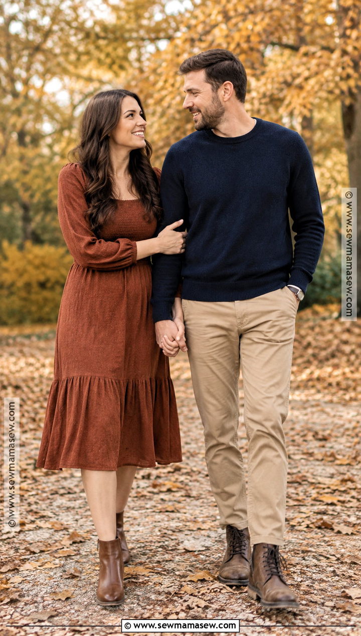 Rust Dress And Navy Sweater Fall Couple Outfit - 25 fall photo shoot outfits for couples