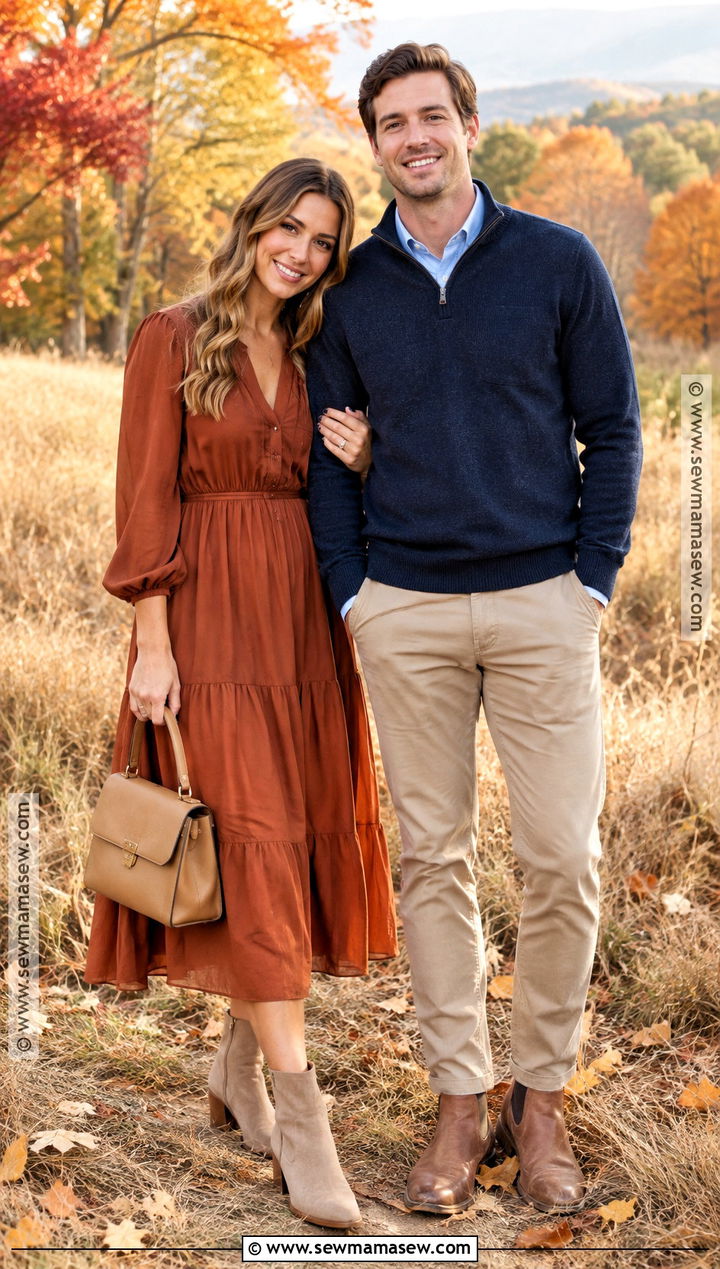 Rust Dress And Navy Sweater Fall Couple Outfit - 15 coordinating couple outfits for pictures fall