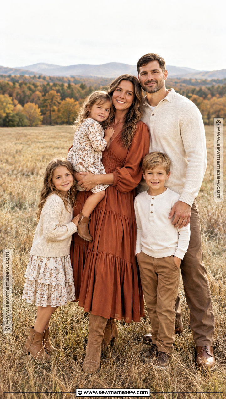 Rust Dress And Neutral Family Photoshoot Outfit - 25 autumn family photoshoot outfits