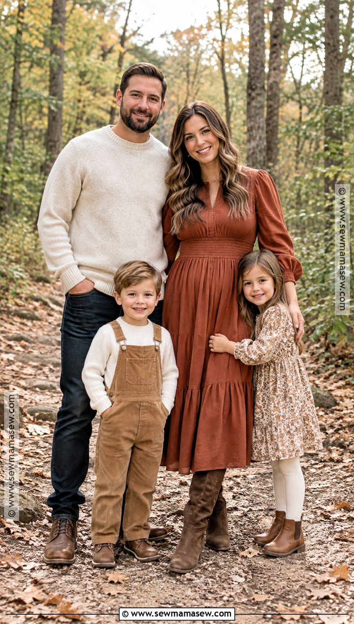 Rust Dress And Neutral Layers Fall Family Picture Outfit - 25 casual fall family picture outfits